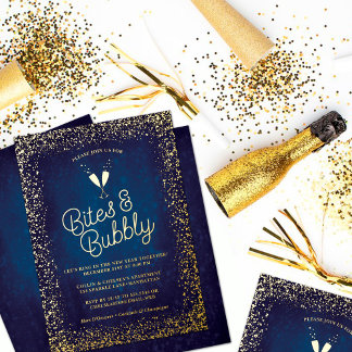Chic Navy Blue Bites & Bubbly Holiday Party Foil Invitation