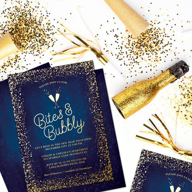 Chic Navy Blue Bites & Bubbly Holiday Party Foil Invitation (Creator Uploaded)
