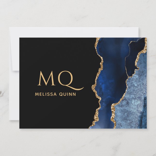 Chic Navy Blue Black Gold Foil Agate  Note Card (Front)