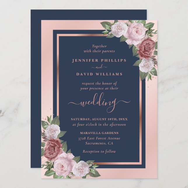 Chic Navy Blue Blush and Rose Gold Floral Wedding Invitation (Front/Back)
