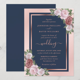 Chic Navy Blue Blush and Rose Gold Floral Wedding Invitation