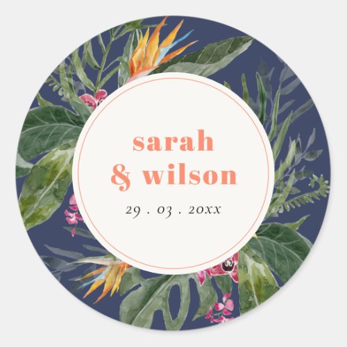 Chic Navy Blue Blush Boho Tropical Floral Wedding Classic Round Sticker