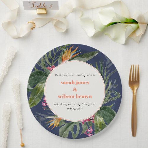 Chic Navy Blue Blush Boho Tropical Floral Wedding Paper Plates