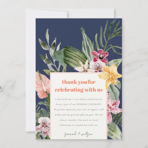 Chic Navy Blue Blush Boho Tropical Floral Wedding Thank You Card