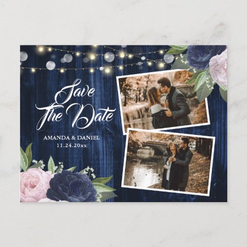 Chic Navy Blue Blush Floral Save The Date Photo Announcement Postcard