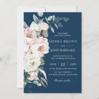 Chic Navy Blue Blush Ivory Peonies Floral Wedding