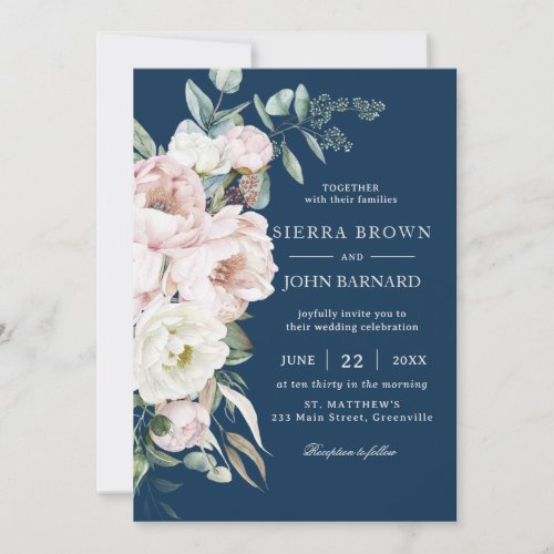 Chic Navy Blue Blush Ivory Peonies Floral Wedding Invitation