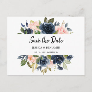 Chic Navy Blue Blush Pink Floral Save The Date Postcard