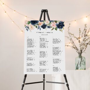 Chic Navy Blue & Blush Pink Floral Seating Chart Foam Board