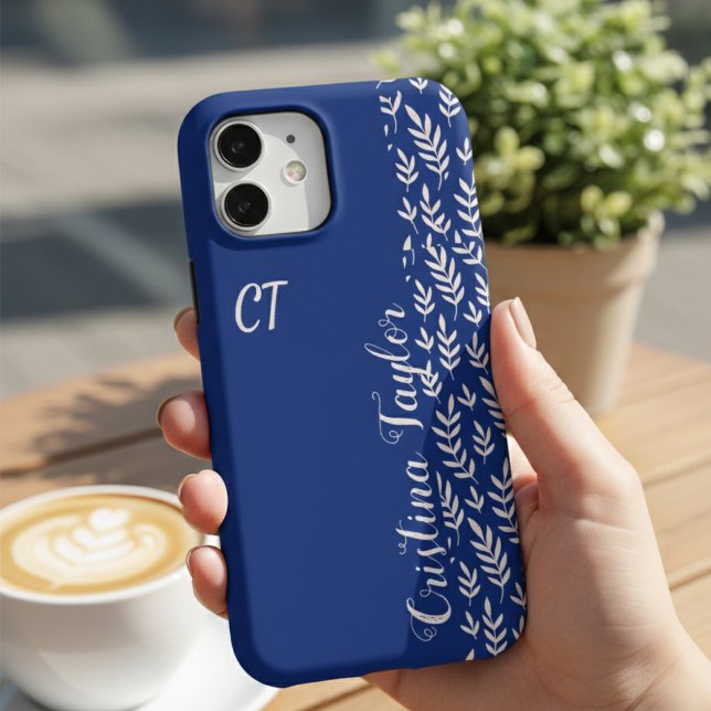 Chic Navy Blue & Blush Pink Leaf Pattern Monogram iPhone Case (Creator Uploaded)