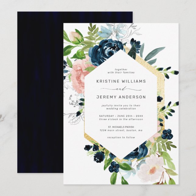 Chic Navy Blue Blush Pink Roses Floral Wedding Invitation (Front/Back)