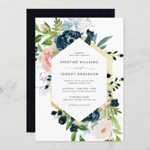 Chic Navy Blue Blush Pink Roses Floral Wedding Invitation