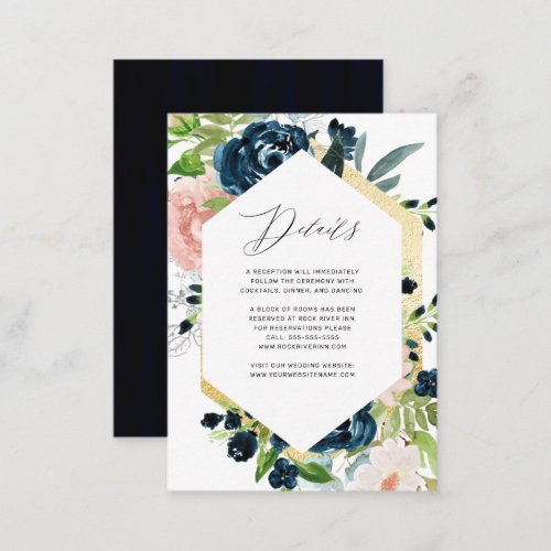 Chic Navy Blue Blush Rose Floral Wedding Details Enclosure Card