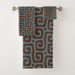 chic navy Blue &Brown Abstract Pattern  Bath Towel Set