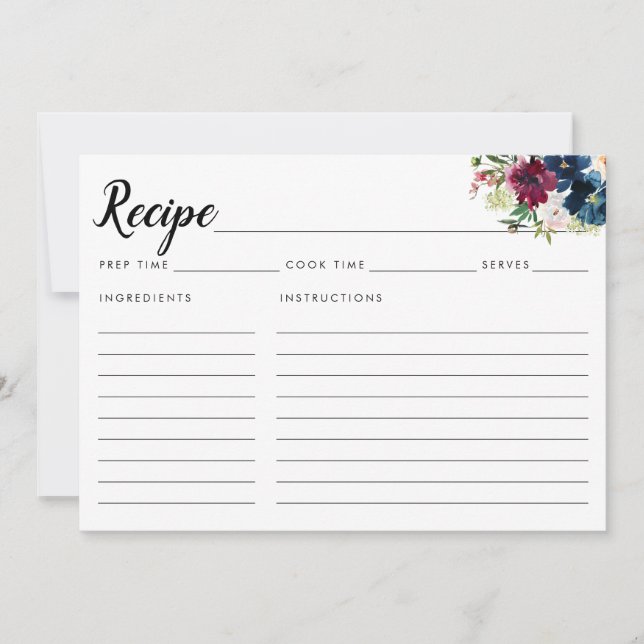 Chic Navy Blue Burgundy Floral Watercolor Recipe (Front)