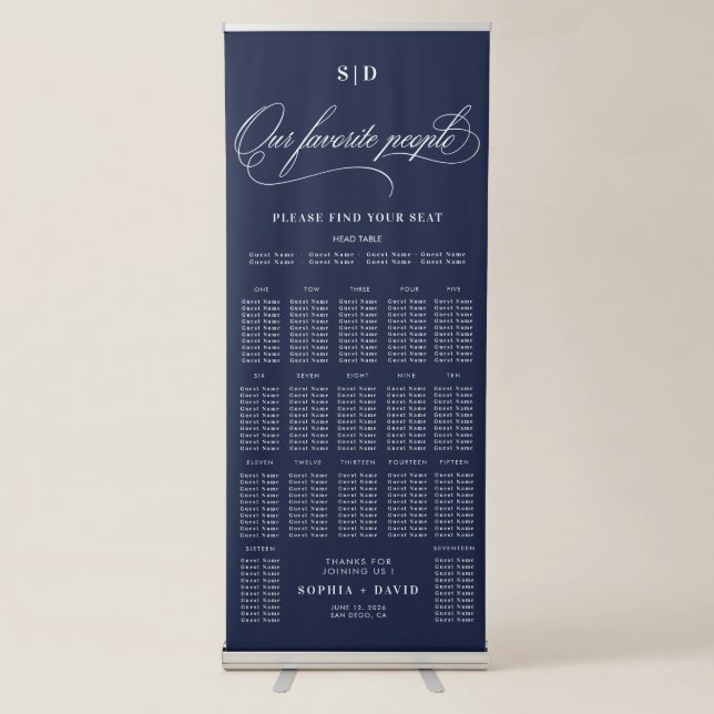 Chic Navy Blue Calligraphy Wedding Seating Chart Retractable Banner (Front)