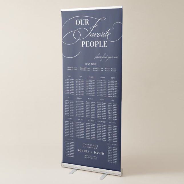 Chic Navy Blue Calligraphy Wedding Seating Chart Retractable Banner (3/4)