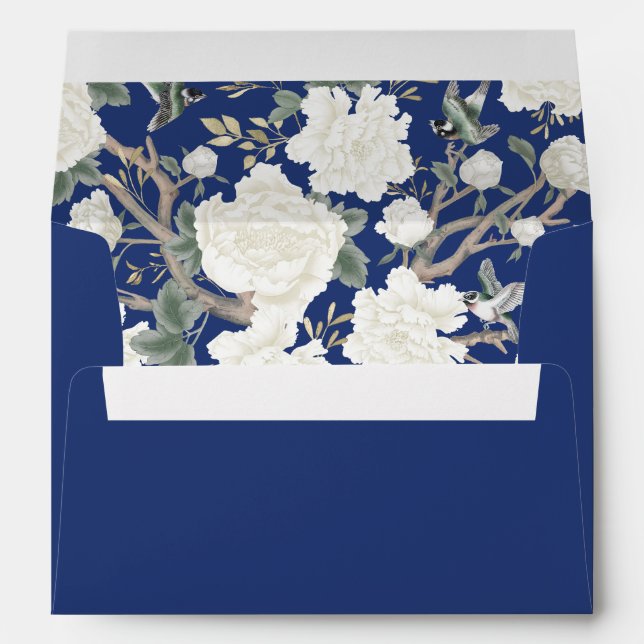 Chic Navy Blue Chinoiserie Peony Birds Porcelain Envelope (Back (Bottom))