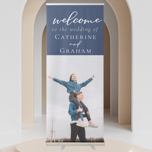 Chic Navy Blue Couple Photo Welcome to Our Wedding Retractable Banner