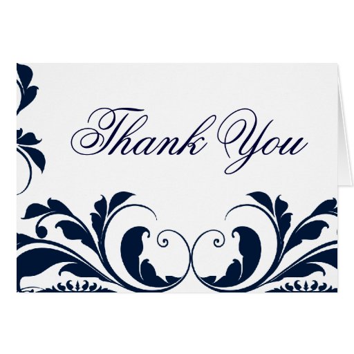 Chic Navy Blue Damask Flourish Thank You Note Card | Zazzle