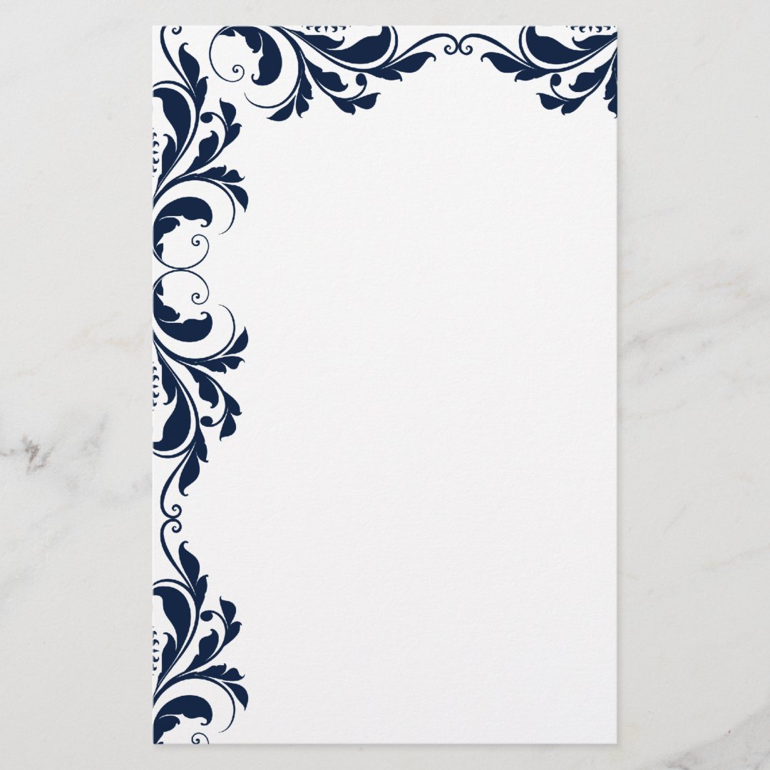 Chic Navy Blue Damask Plain Stationery | Zazzle