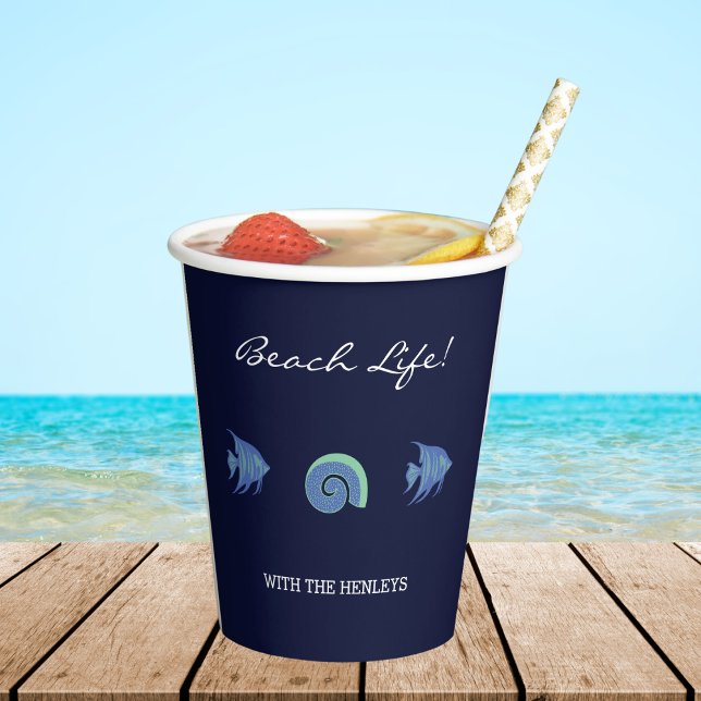 Chic Navy Blue Family Name Shells Fish Beach House Paper Cups (Creator Uploaded)