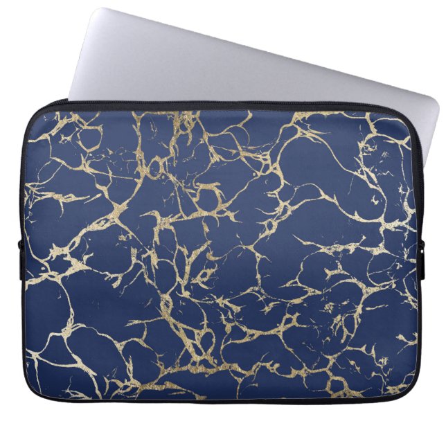 Chic navy blue faux gold foil marble pattern laptop sleeve (Front)