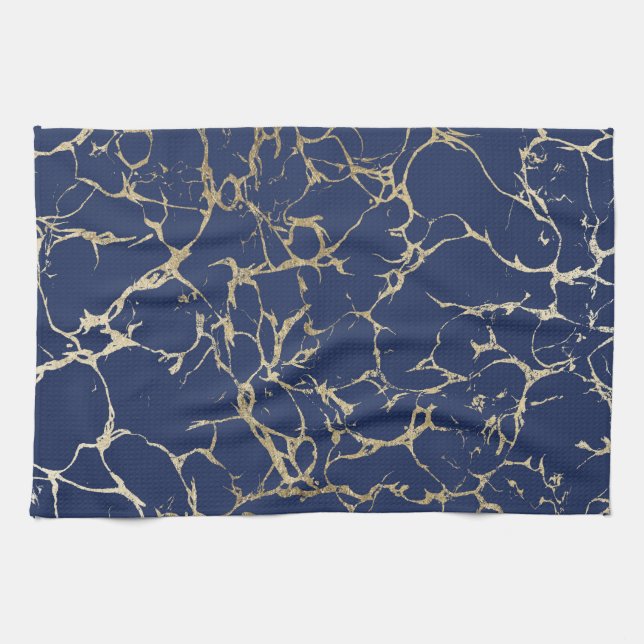 Chic navy blue faux gold foil marble pattern towel (Horizontal)