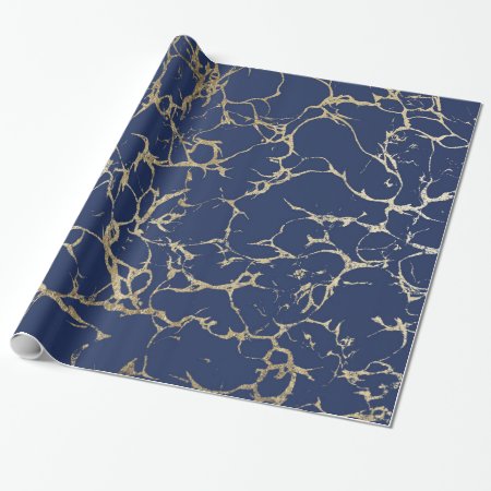 Chic Navy Blue Faux Gold Foil Marble Pattern Wrapping Paper