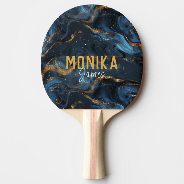 Chic Navy Blue Faux Gold Glitter Marble Monogram Ping Pong Paddle (Front)