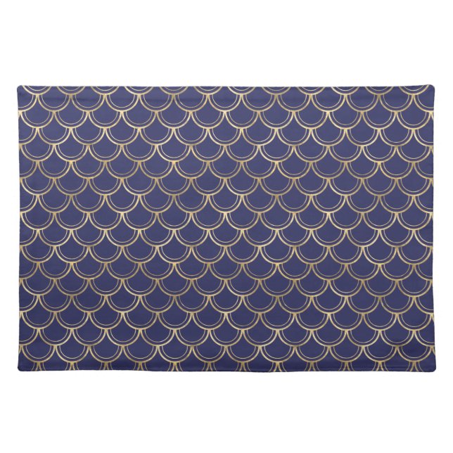 Chic Navy Blue Faux Gold Scallop Pattern Cloth Placemat (Front)