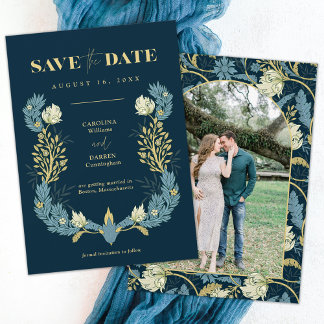 Chic Navy Blue Floral Arch Photo Save The Date