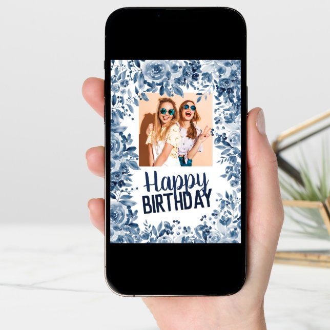 Chic navy blue floral happy birthday photo card (Front Digital)
