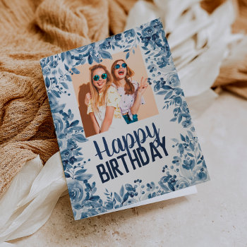 Chic Navy Blue Floral Happy Birthday Photo Card by girly_trend at Zazzle