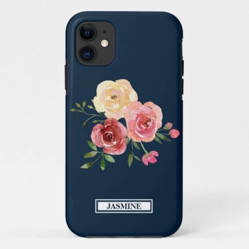 Chic Navy Blue Floral Monogram iPhone  iPad case