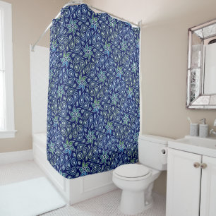 Chic Navy Blue Floral Paisley Flower Pattern Dark Shower Curtain