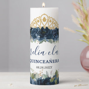 Chic Navy Blue Floral Roses Butterflies Favor Pillar Candle
