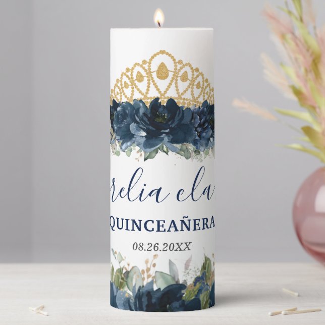Chic Navy Blue Floral Roses Butterflies Favor Pillar Candle (In Situ)