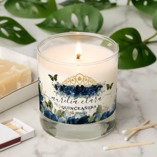 Chic Navy Blue Floral Roses Butterflies Favor Scented Candle