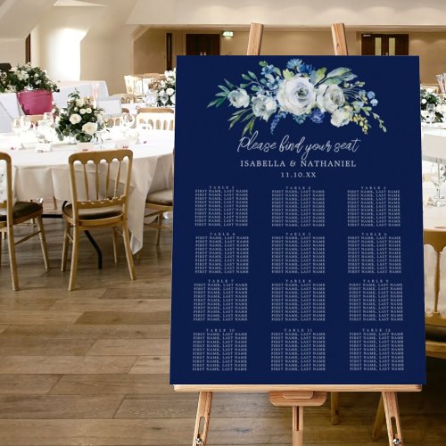 Chic Navy Blue Floral Winter Wedding Seating Chart Foam Board