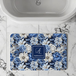 Chic Navy Blue Flowers Custom Name Bath Mat