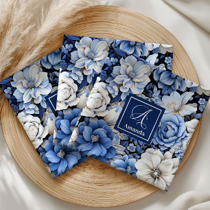 Chic Navy Blue Flowers Custom Name Cloth Napkins