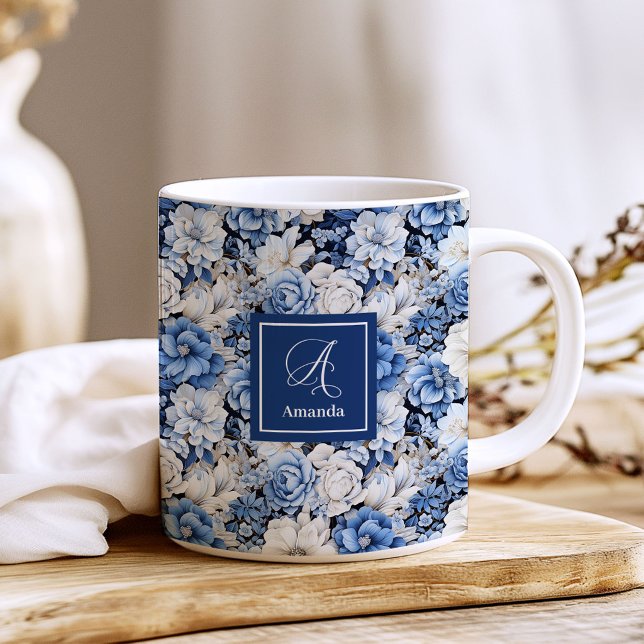 Chic Navy Blue Flowers Custom Name Coffee Mug (Chic Navy Blue Flowers Custom Name Coffee Mug)