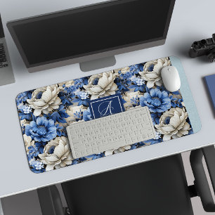 Chic Navy Blue Flowers Custom Name Desk Mat