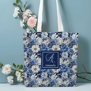 Chic Navy Blue Flowers Custom Name Tote Bag