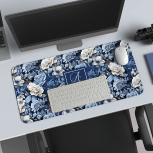 Chic Navy Blue Flowers Stylish Desk Mat