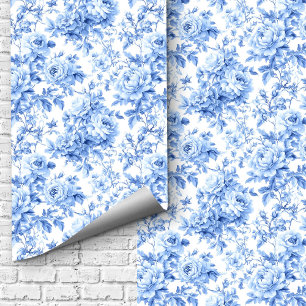 Chic Navy Blue French Toile Roses Floral Wallpaper