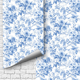 Chic Navy Blue French Toile Roses Floral Wallpaper