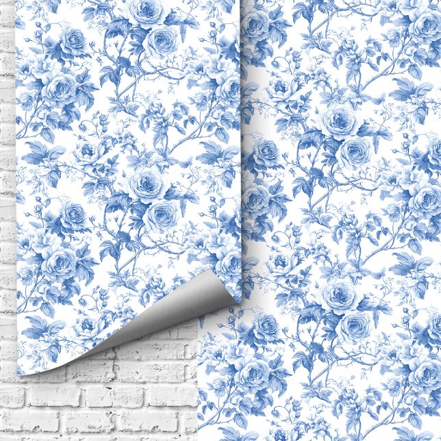 Chic Navy Blue French Toile Roses Floral Wallpaper Wallpaper (Chic Blue French Toile Roses Floral Wallpaper Design)