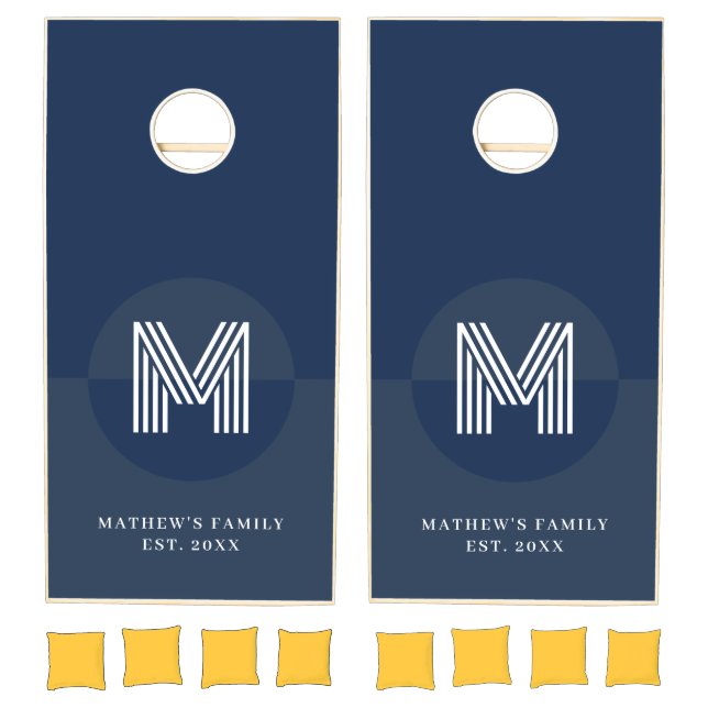 Chic Navy Blue Geometric Modern Monogram Cornhole Set (Set)